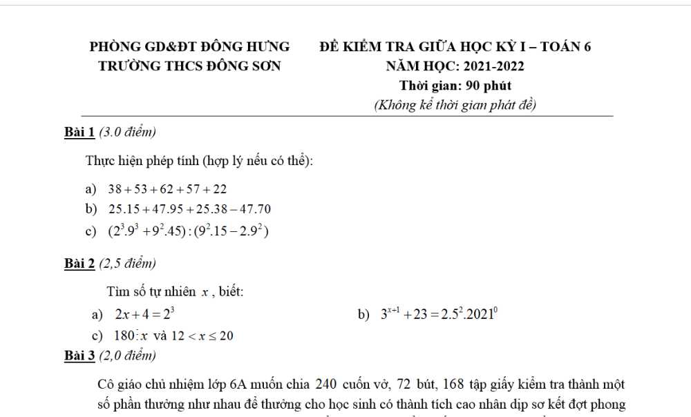 Toán 6: Đề kiểm tra giữa học kì 1. Trường THCS Đông Sơn năm học 2021-2022